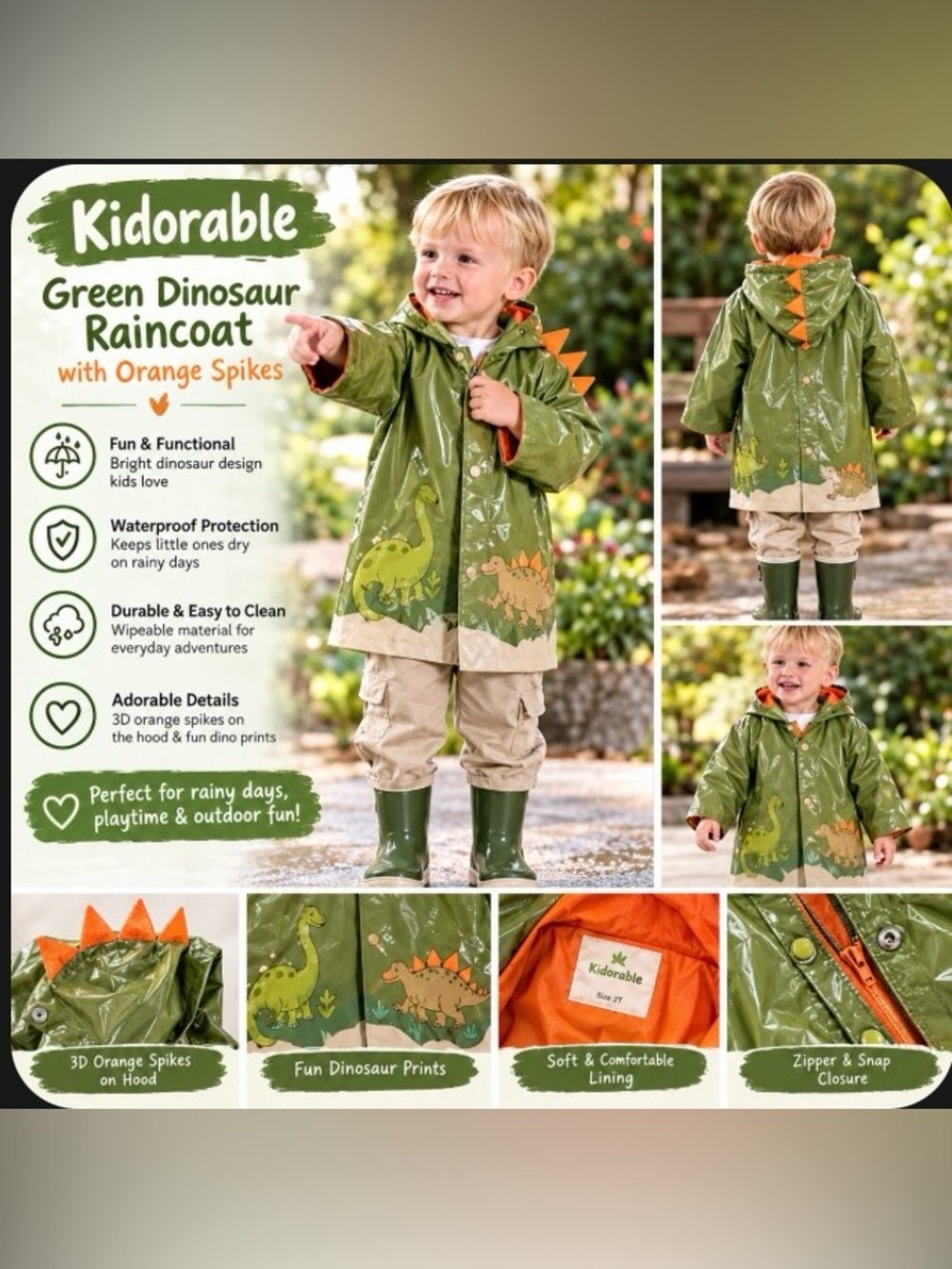 Kidorable Green Dinosaur Raincoat 3T 🦕 3D Spikes Hooded Waterproof Rain Jacket
